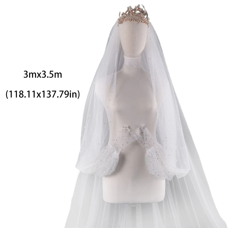 

Imitation Pearl Beading Trailing Cathedral Wedding Veil with Arm Cover Sleeves Double Layer Bridal Party Jewelry Headpiece
