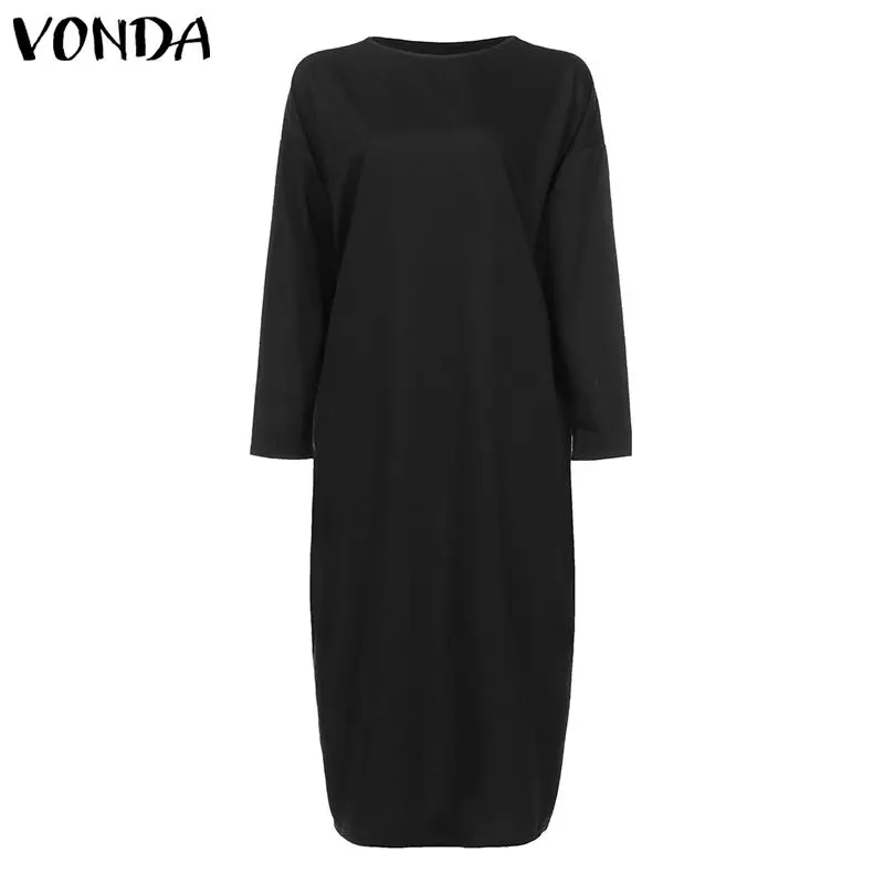 Платье-рубашка с длинным рукавом VONDA, женское повседневное одноцветное длинное платье, модное платье с круглым вырезом, Vestidos размера плюс, богемное платье 5XL - Цвет: Черный