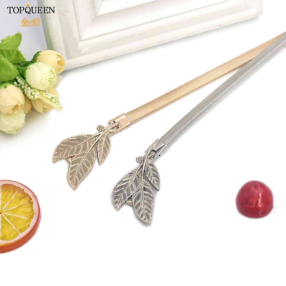 

TOPQUEEN Gold Silver Elastic Belt For Women Chain Waist Belts Thin Skinny Metal Leaf Female Belt Formal Waistband Belt S447