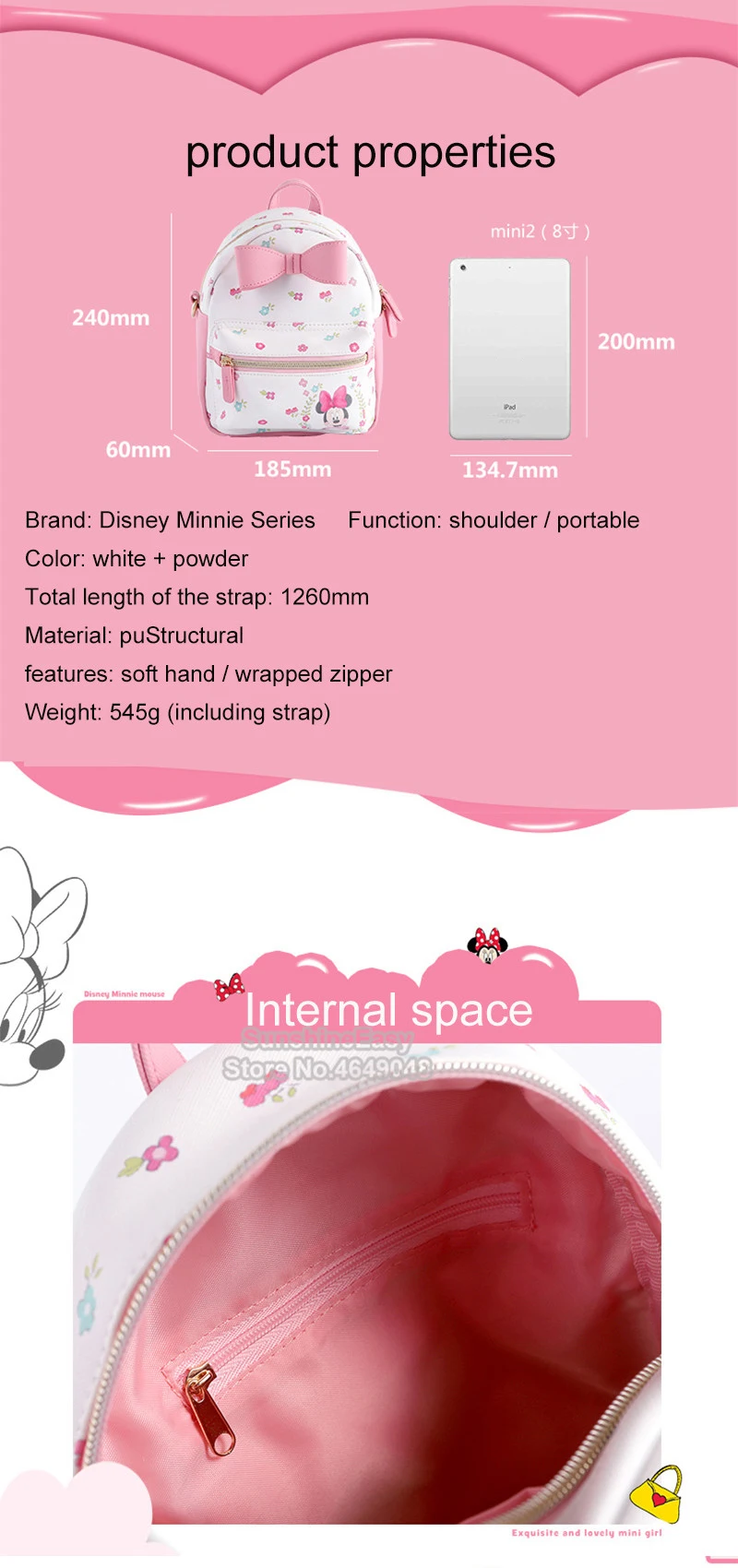 Disney Minnie розовая Милая новая сумка, сумки для детей, девочек, водонепроницаемые школьные сумки для женщин, студенческие дорожные школьные сумки для девочек