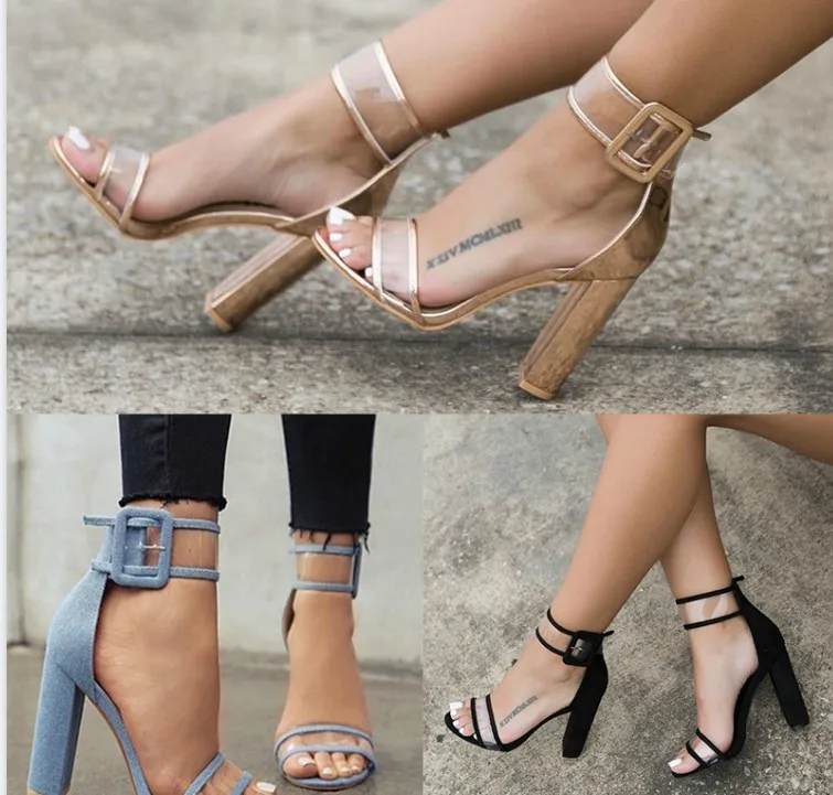 

Ladies Bandage Transparent Sexy Summer Party Flock Sandal Shoes 35-42 SizeWomen Ankle Strap High Heel Sandals Shoes