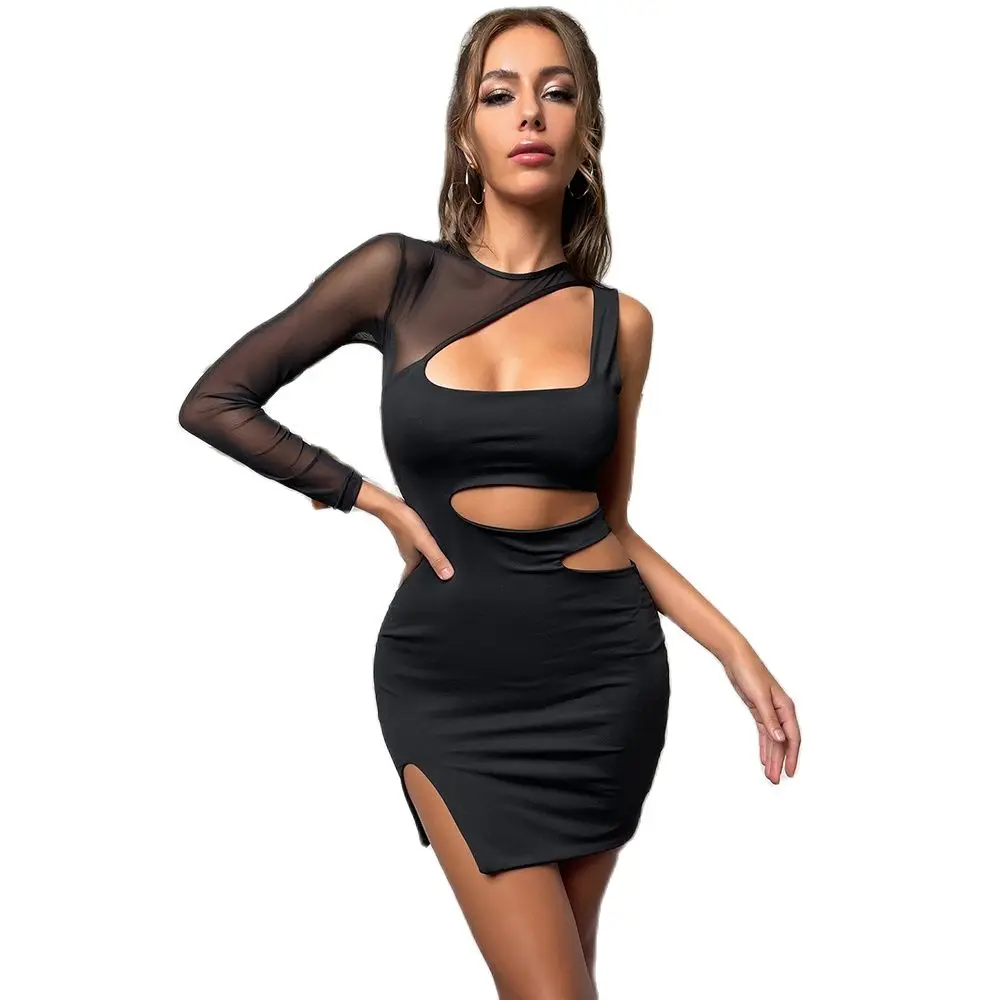 

Fall Sexy Mini Dresses Black Sexy Hollow Out Irregular Shape One Sleeve Women Clubwear Bodycon Mini Dress Holes Bodycon Vestidos