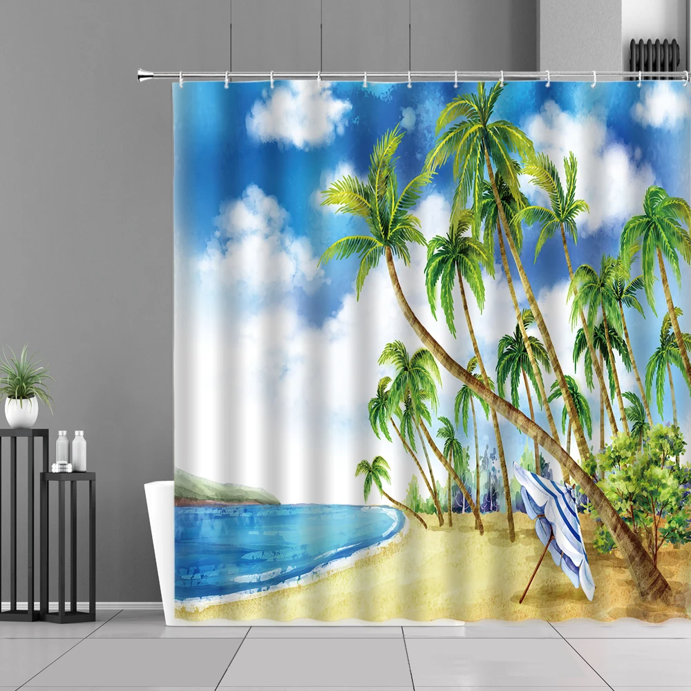 

Ocean Landscape Bathroom Decor Screen Curtains Dolphin Coconut Tree Sea Scenery Waterproof Shower Curtain Set Bathtub Partition