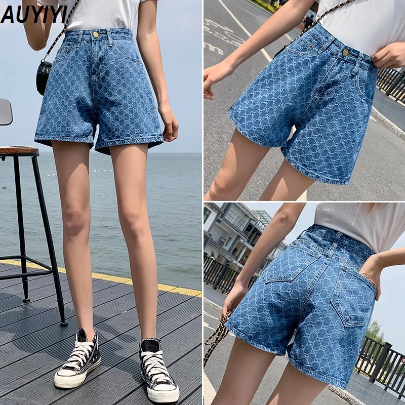 

AUYIYI High Waist Denim Shorts Temale 2021 Summer Port Style Retro Style Ins Loose Printed Embroidery A-Line Hot Pants