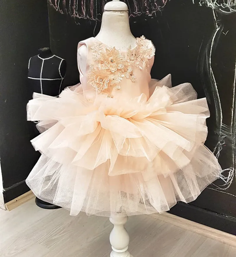

Customized Champagne Baby Girls Dresses Lace Beads Knee Length Flower Girl Dress Pageant Gown 12M 24M 4T 6T 8T 12T