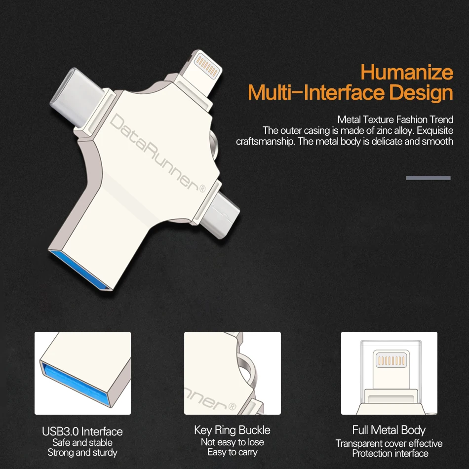 Горячая DataRunner OTG USB флеш накопитель для iPhone/type C/Android/PC 16 ГБ 32 64 128 флэш диск 4 в 1