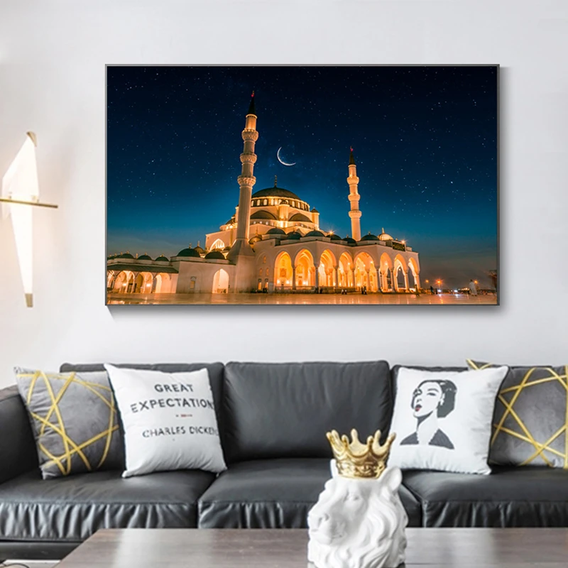 

Islamic Architecture Night Scene Moon Stars Canvas Painting Posters Cuadros Religious Wall Art Prints for Living Room Home Decor