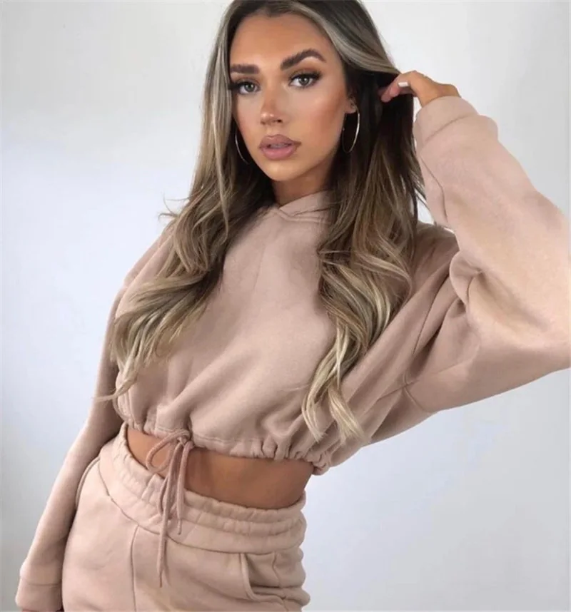 

Solid Casual Tracksuit Women Sports 2 Pieces Set Sweatshirts Pullover Hoodies Pants Suit 2021 Home Sweatpants trousers Outfits