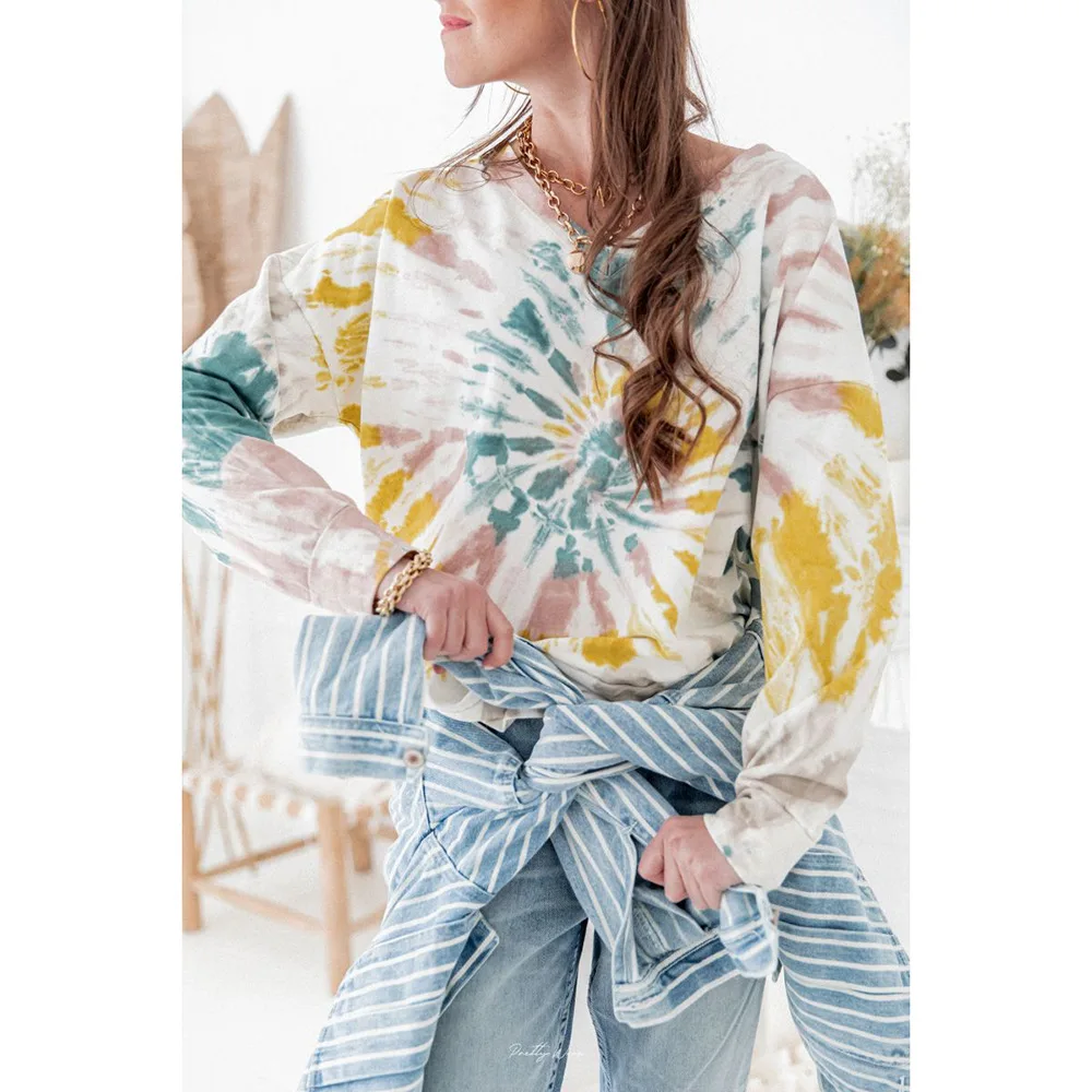 Female Tie Dye Long Sleeved Top Autumn And Winter New Women's Gradient Color Loose Jacket Round Neck Clothin | Женская одежда