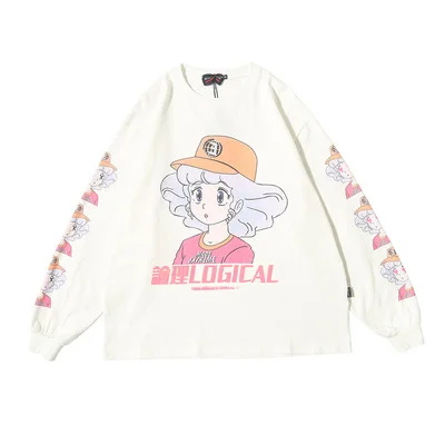 

Japanese Long Sleeve T Shirt Women/Men Cartoon Manga Girls Kanji Print T Shirts Harajuku Fashion O-Neck Tee Couple Summer Autumn