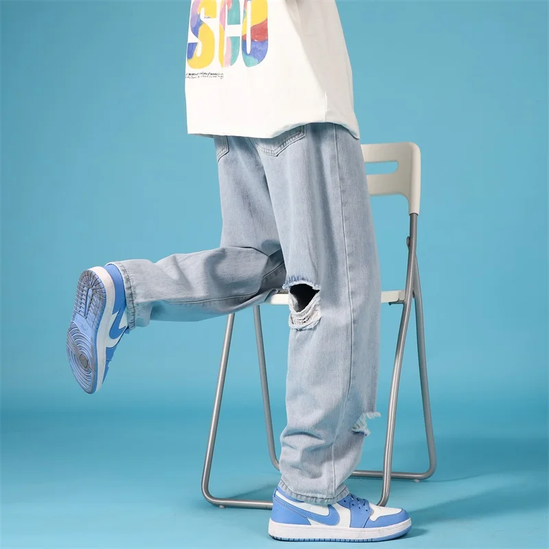 

Korean Streetwear Hole Men Jeans 2021 Summer New Casual Straight Ripped Denim Pants Fashion Male Jean Pants Trousers Blue white
