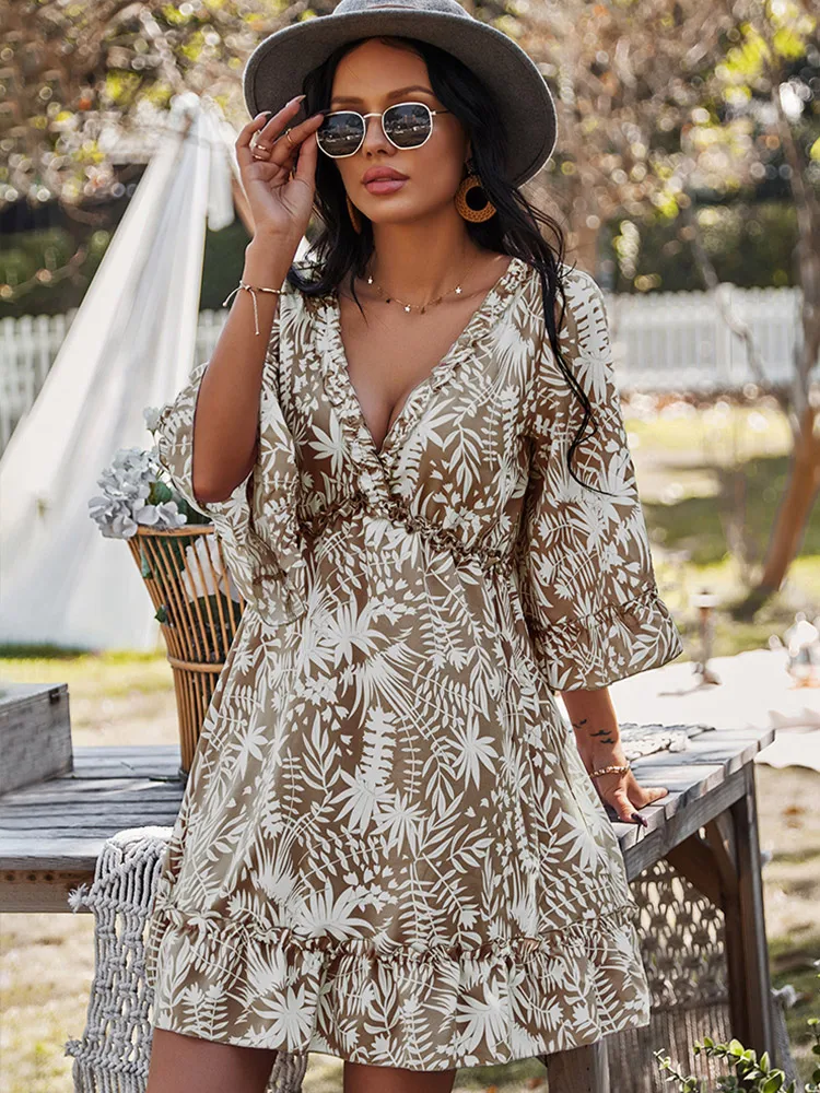 

Dresses for Women 2021 Spring Summer New Sexy Dress Deep V-neck Casual Chiffon Printed Dress Mid-short Skirt Ruffle Dress Red