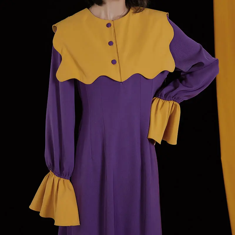 

XITAO Spring New Sailor Collar Dress Casual Contrast Color Splicing Flare Sleeve Simplicity Loose Trendy All-match Women ZY3935