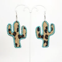 turquoise beads embellished leopard leather wood base cactus drop earrings for women new innovative opuntia earrings jewelry