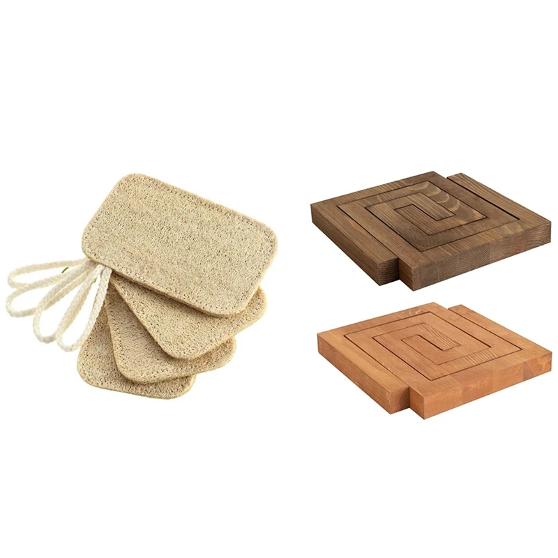 

4 Pcs Dishwashing Scrub Kitchen Loofah Sponge Scourer & 2 Pcs Wooden Trivet Set,Placemat Coasters