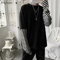 men long sleeve t shirts striped patchwork fake two piece oversize tees harajuku retro hip pop undershirts male casual outwear