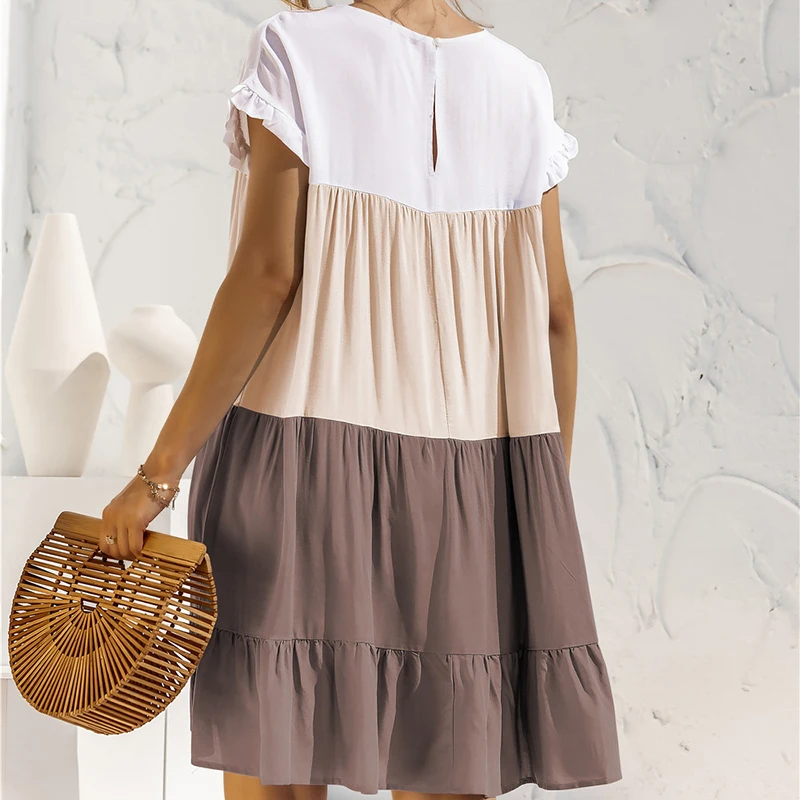 

Women Ruffle Loose Dress Shorts Sleeve Patchwork A Line Casual Dresses Summer Boho Beach Sundress Vintage Vestidos Femme Robe