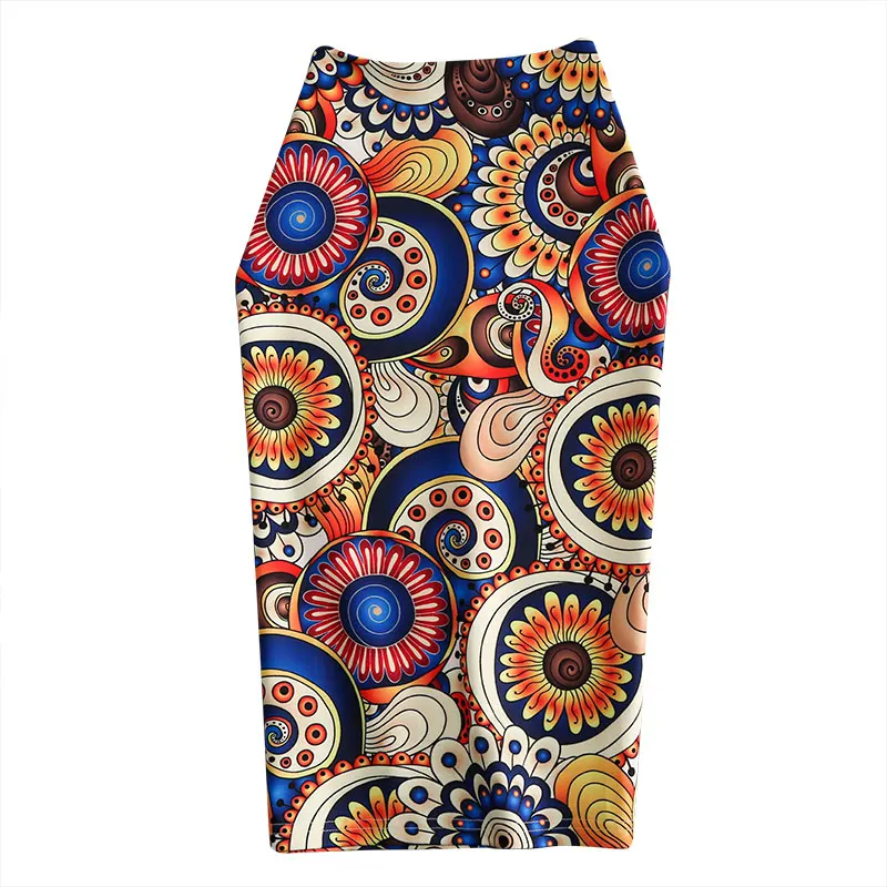Женская юбка карандаш средней длины эластичная с разноцветным круглым принтом