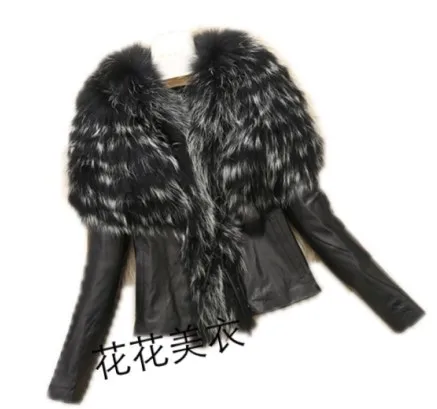 

Faux Fur Coat Faux Raccoon Fur Fluffy Collar Plus Size Long-Sleeved Leather Jacket Ladies Autumn&Winter Outerwear With Pockets