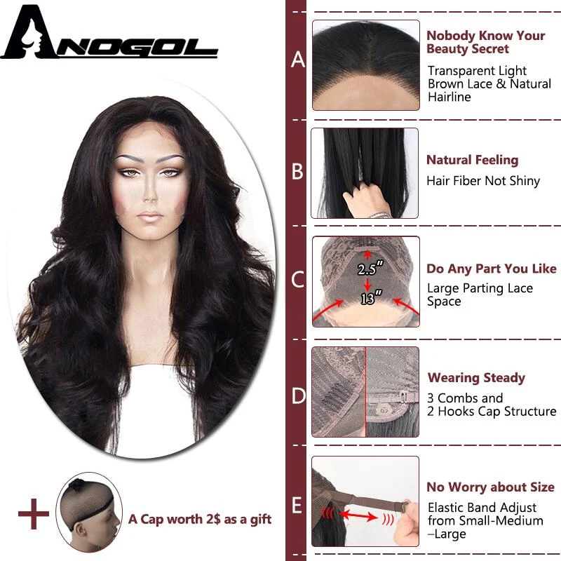 Парик Anogol из высокотемпературного волокна натуральная линия волос без клея