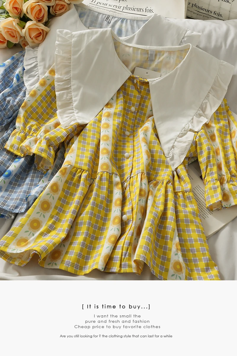 

2021 Summer peter collar single-breasted blouses women plaid short sleeve shirt