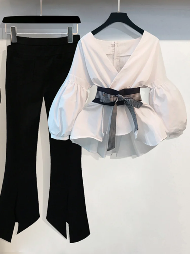 2019 хлопок женщин Блузка белый лук тонкий фонарь рукавами дизайн в полоску lady