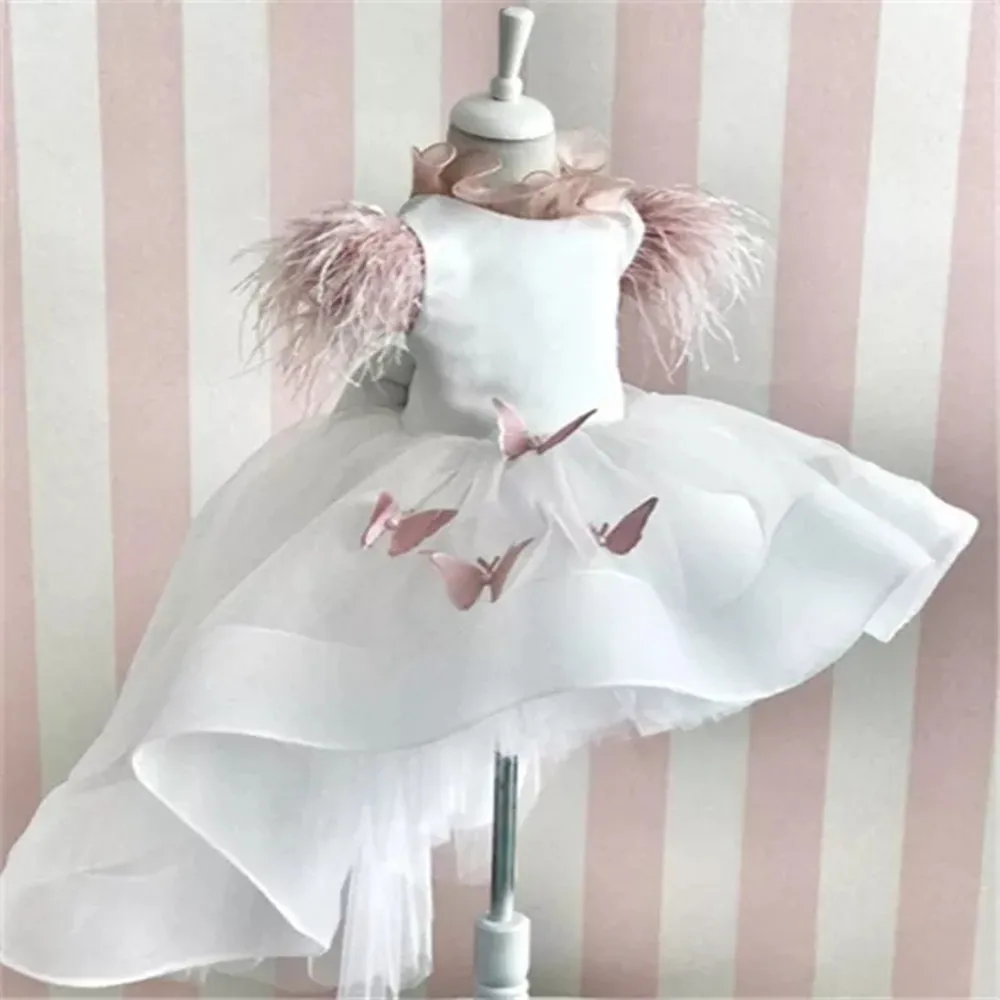 

White High Low Flower Girls Dresses with Feather Cap Sleeve Sweep Train Pageant Birthday Party Dresses Custom Made