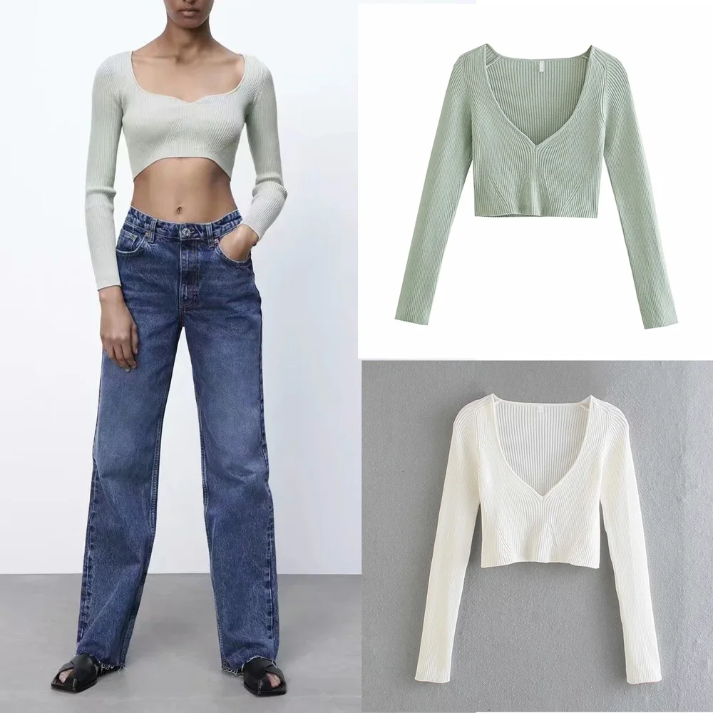

Sweater Brandy Women 2021 Autumn Winter Clothes Fashion V Neck Sweater Long Sleeve Knit Crop Top Casual Pullovers Women Sweaters