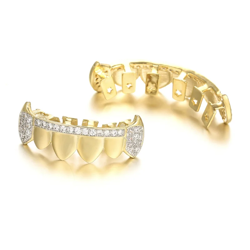 

Cubic Zircon Hip Hop Fangs Teeth Grillz Top & Bottom Grills Dental Mouth Punk Teeth Caps Cosplay Party Rapper Hip Hop Jewelry