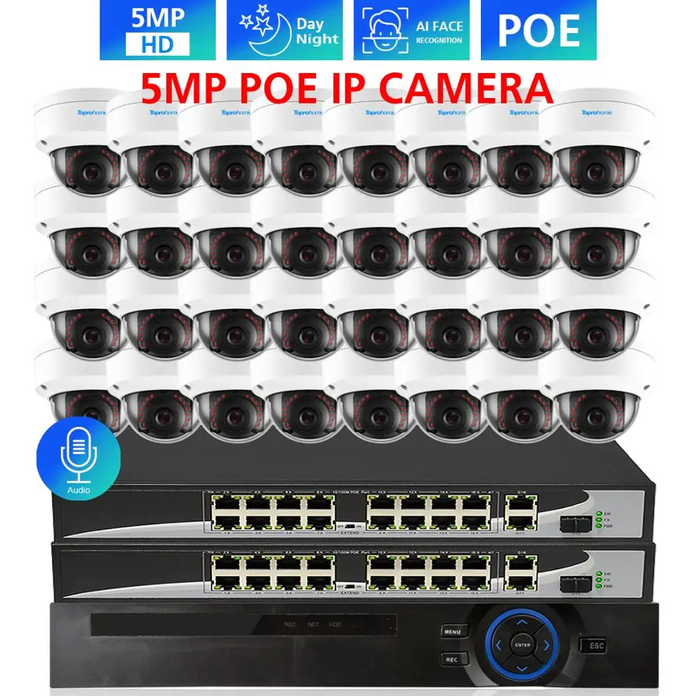 Система видеонаблюдения TOPROHOMIE H.265 + 32 канала 4K HDMI NVR 48 В POE 5 МП для помещений и улицы