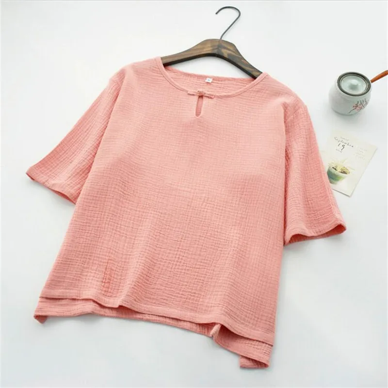 

Chinese Style Women Cotton T-Shirt Solid Button Tops 2020 Vintage O-Neck Half Sleeves Loose Comfortable Tops