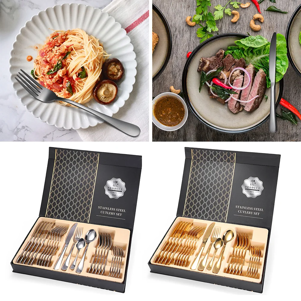 

24pcs Portable Cutlery Dinnerware Set Gift Box Fork Spoon Party Mirror Finish Stainless Steel Flatware Tableware Home Kitchen