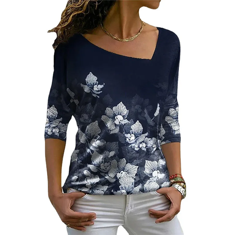 

Women Tshirts 2021 Autumn Flower Leaf Printing V-neck Long-sleeved T-shirt Women Fashion Plus Size Casual Tshirts Donsignet
