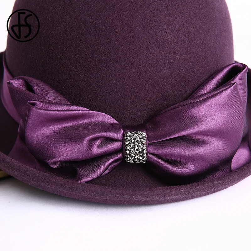 Женская фетровая шляпа FS однотонная теплая шапка из 100% шерсти фиолетового и