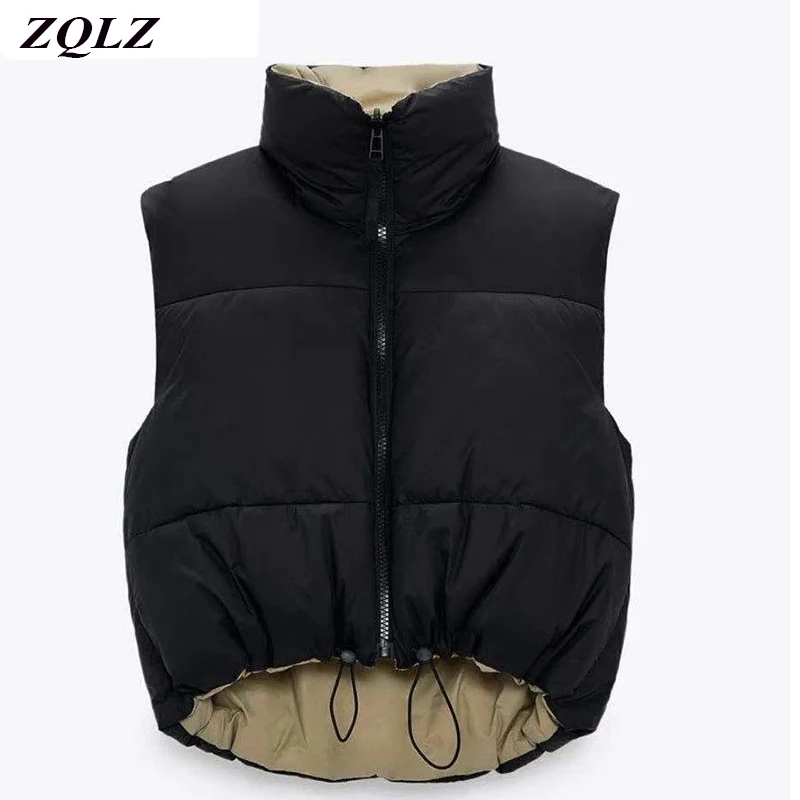 

Vest Coat Women 2021 Spring Black Cropped Fashion Warm Sleeveless Parkas High Collar Casual Waistcoat Female Outerwear Chic Top