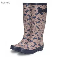 2021 New Dog Pattern Knee-High Rubber Rain Boots Women Outdoor Soft Comfort Water Shoes Autumn Winter Platform Rainboots