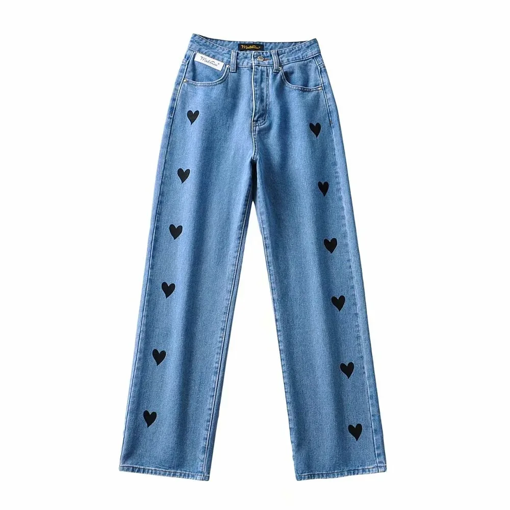 

2021 Women's Wear New European And American Style Love Denim Straight Pants High Waist Slimming Denim Trousers