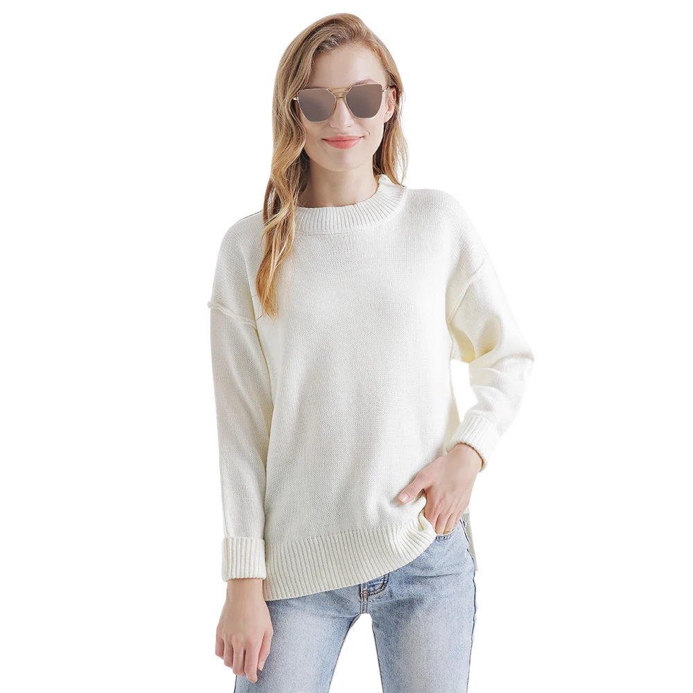 Однотонный свитер с круглым вырезом для женщин круглый вырез длинные рукава