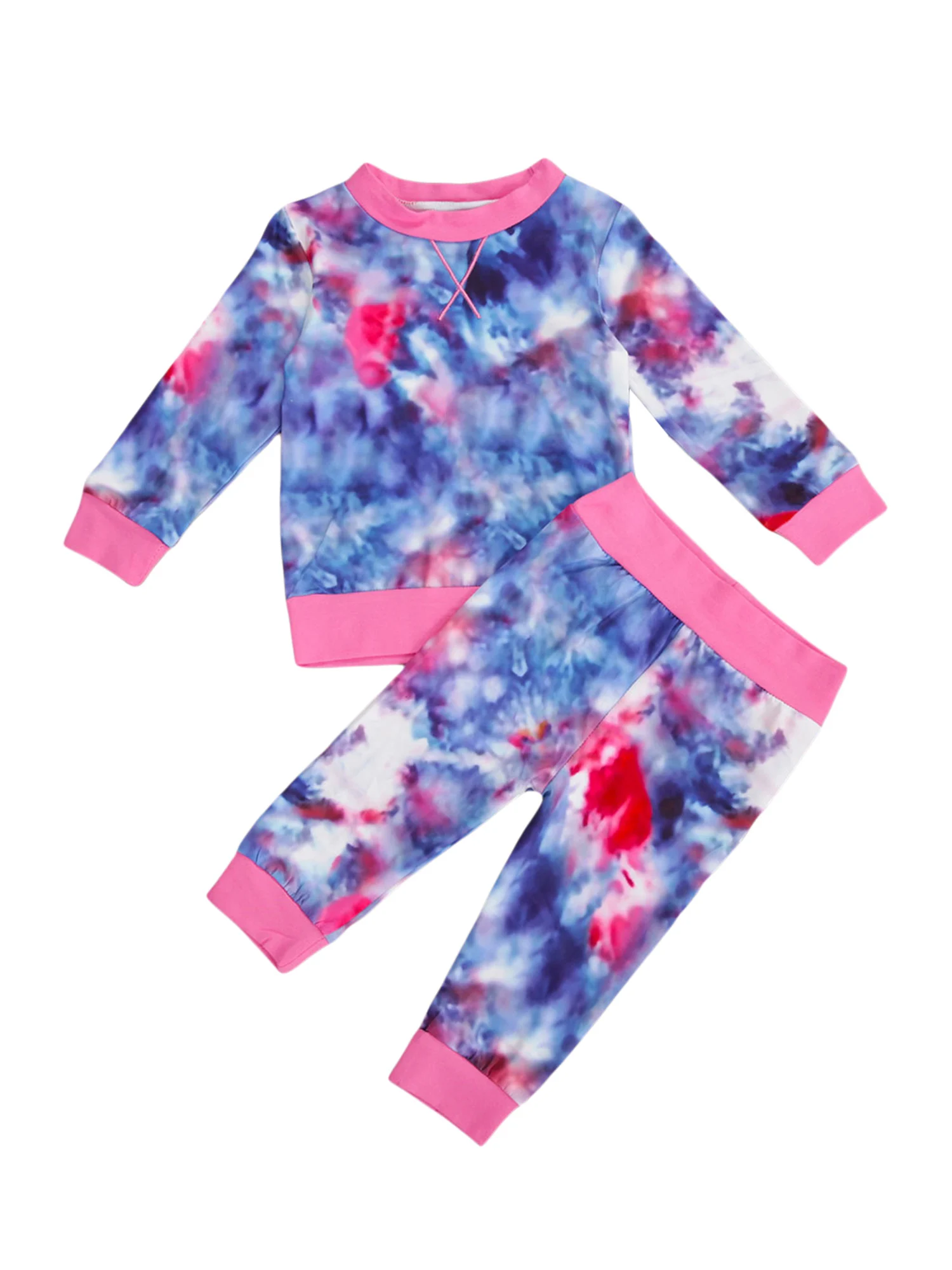

2 Pcs Newborn Tie-dye Print Outfits, Infant Long Sleeve Round Neck Pullover High Waist Trousers Casual Style Tracksuit