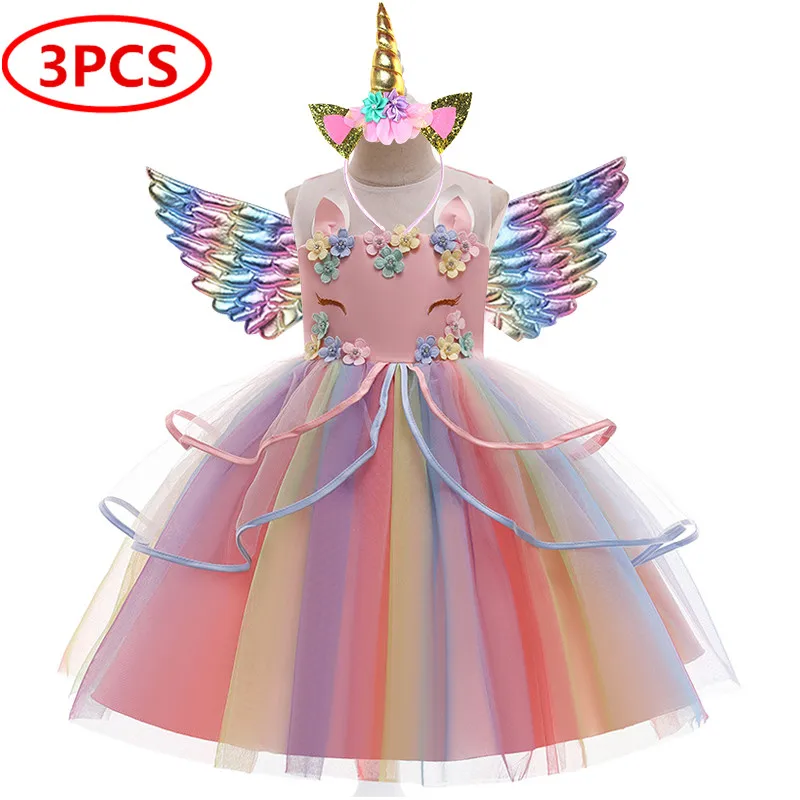 Christmas Dress for Girls Princess Formal Petals Kids Vestidos Children Unicorn Party Girl's Clothes Cosplay Costume | Детская