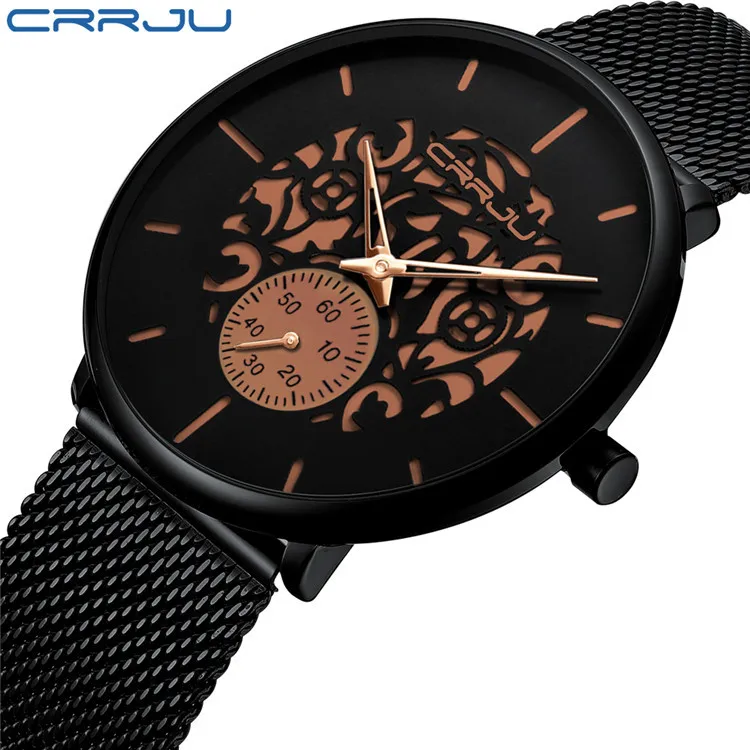 

Новинка 2150, модные мужские часы CRRJU с сетчатым стальным ремешком, Роскошные Кварцевые часы под платье, дизайн с гравировкой циферблата, мужс...