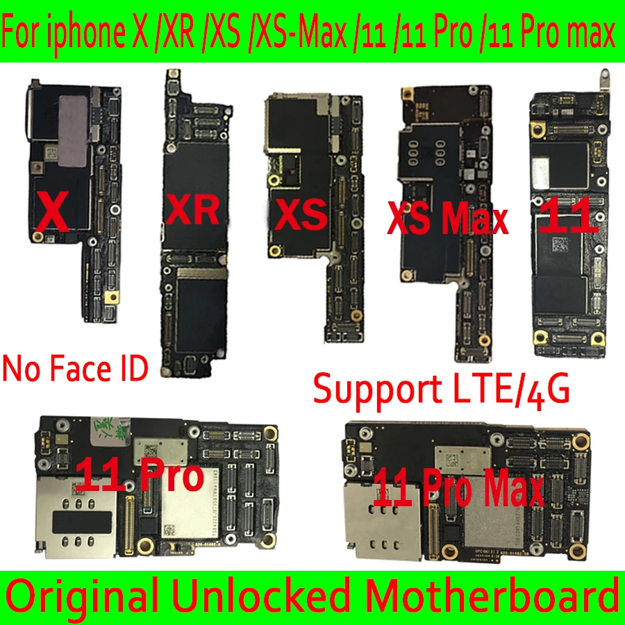 No icloud For iPhone X/XS/XR/XSMax/11 Pro Max Motherboard 64GB/128GB/256G,100% Original Unlocked Full Test logic board No FaceID