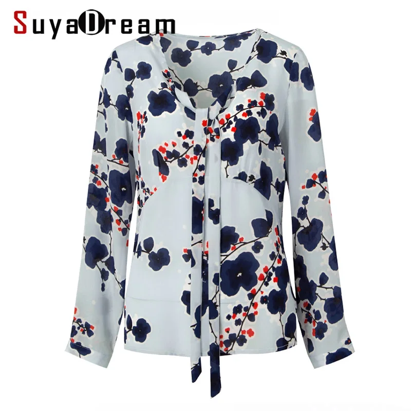 

Рубашка SuyaDream Женская с длинным рукавом, блузка из 100% натурального шелка, с цветочным принтом, с бантом на воротнике, весна-осень