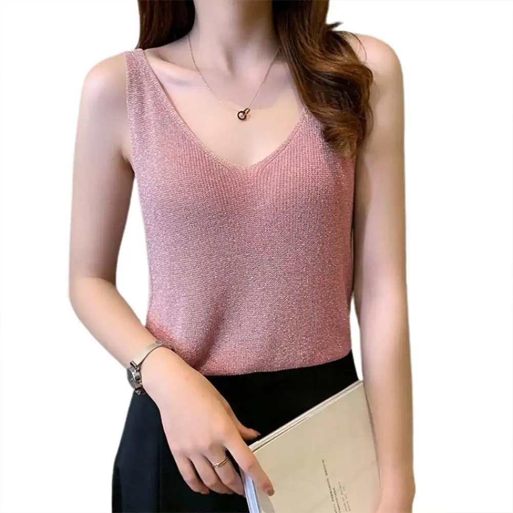 

Fashion Women Tops Sexy Solid Color Shining Tank Tops Knitted V Neck Summer Vest Summer Women 2021 платье летнее