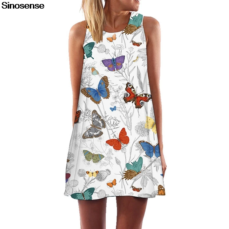 

Женское летнее мини-платье, с 3D-принтом бабочек, в стиле бохо, Повседневная Туника без рукавов, свободное шифоновое платье