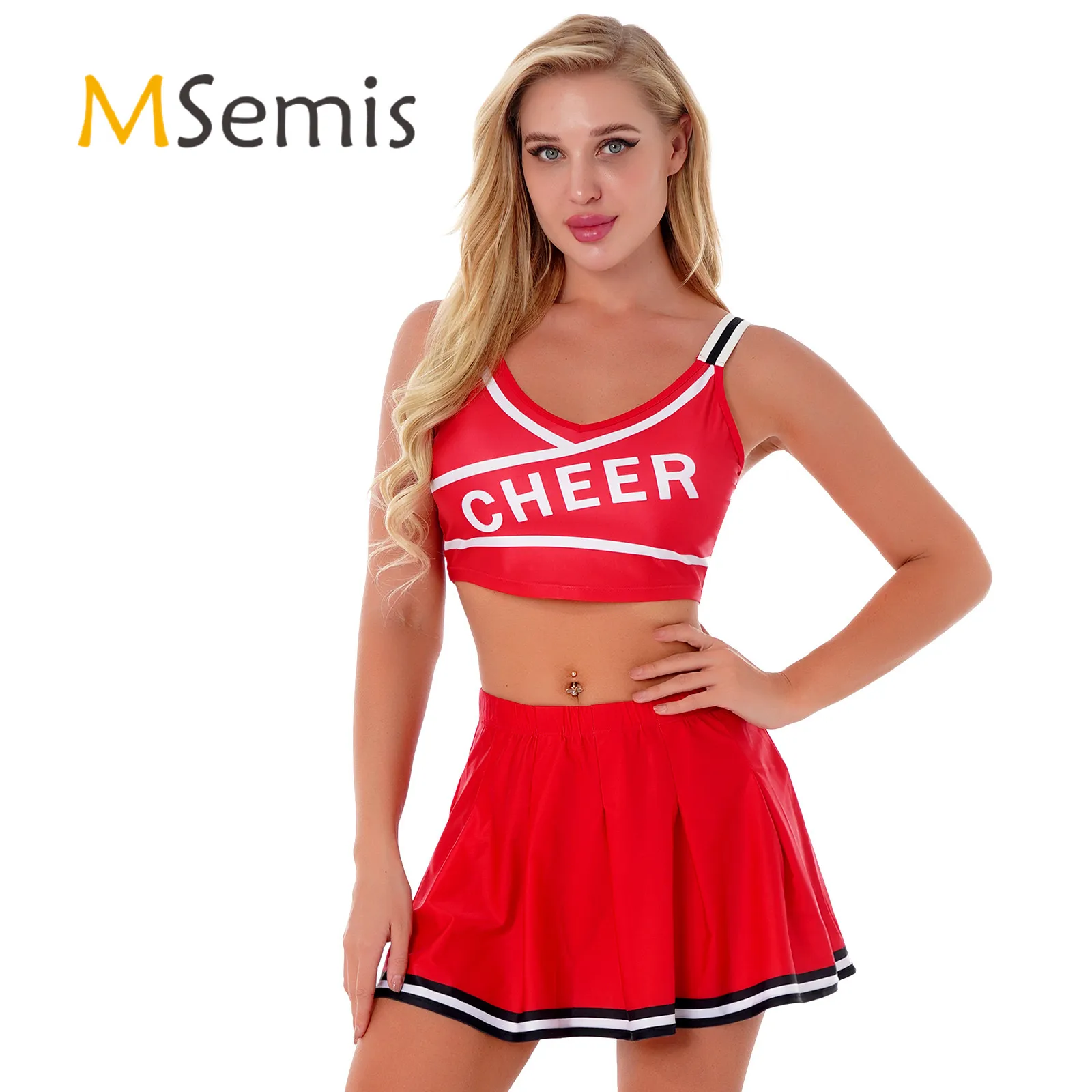 

Womens Cheerleading Outfits School Girls Cosplsy Costume Letter Print Striped Shoulder Straps V Neck Crop Top with Pleated Skirt