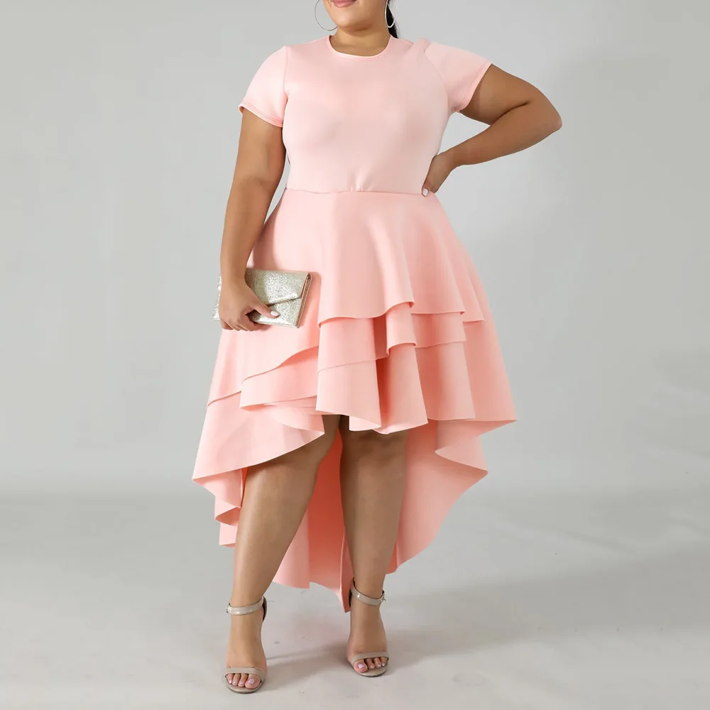 Женское платье большого размера розовое асимметричное с высоким низким слоем