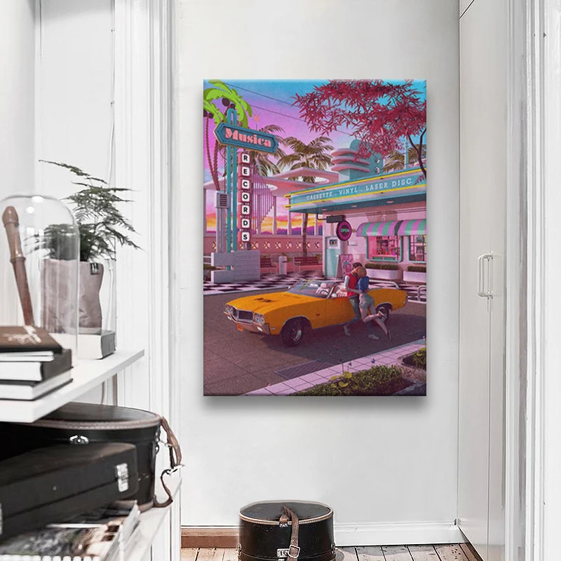 

First Kiss 80s Nostalgia Synthwave poster Canvas Wall Art Decoration prints for living Kid Children room Home bedroom decor
