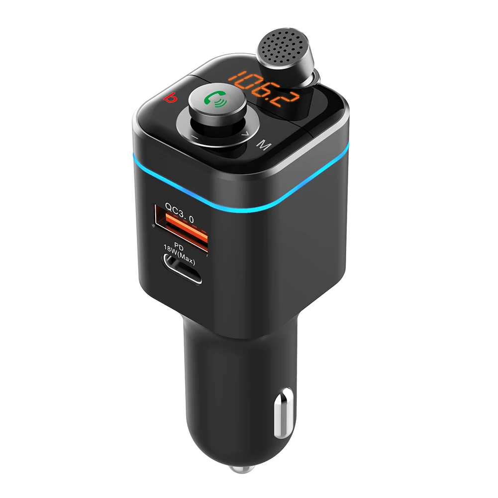 

Bluetooth 5.0 Car FM Transmitter Microphone Wireless Car Charger Hands-Free Call Type-c PD 18W QC3.0 Fast Charging FM Modulator