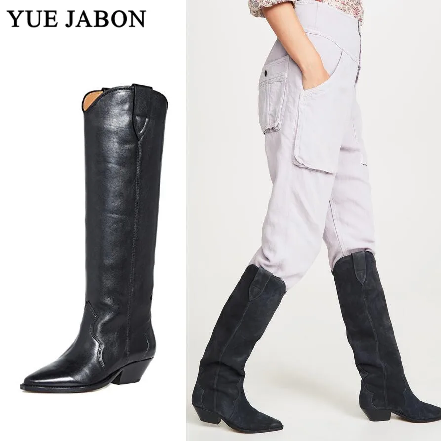 

Сапоги до колена из натуральной замши с острым носком; Ковбойские женские рыцарские сапоги на массивном высоком каблуке; Мотоботы; zapatos de mujer